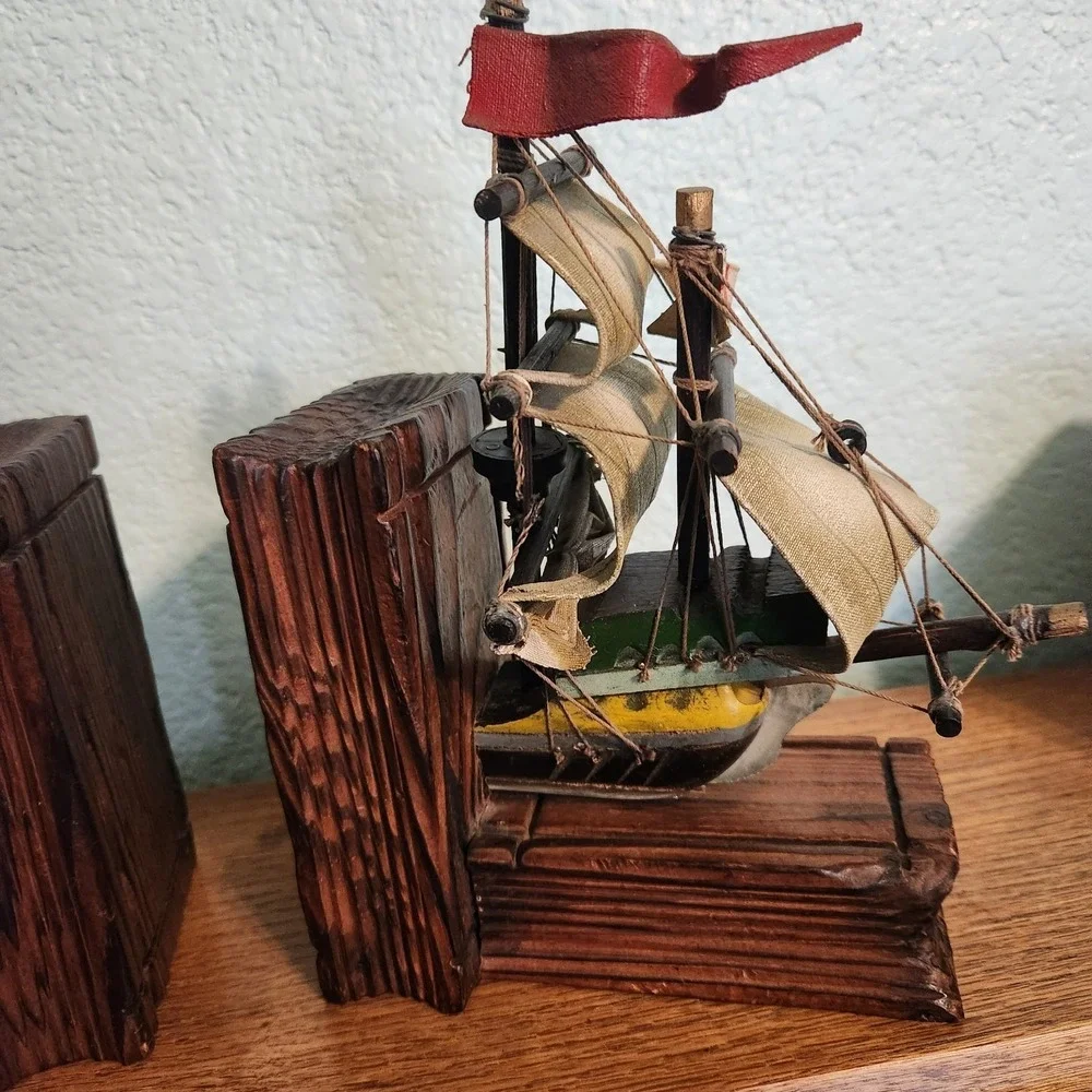 Vtg Ship Nautical Wood‎ and Paper Mache Cloth Bookends Set Pirate Spanish MCM